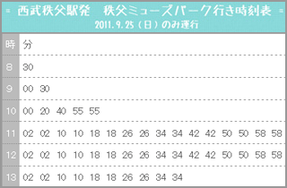 = 西武秩父駅発　秩父ミューズパーク行き時刻表 =2011.9.25（日）のみ運行